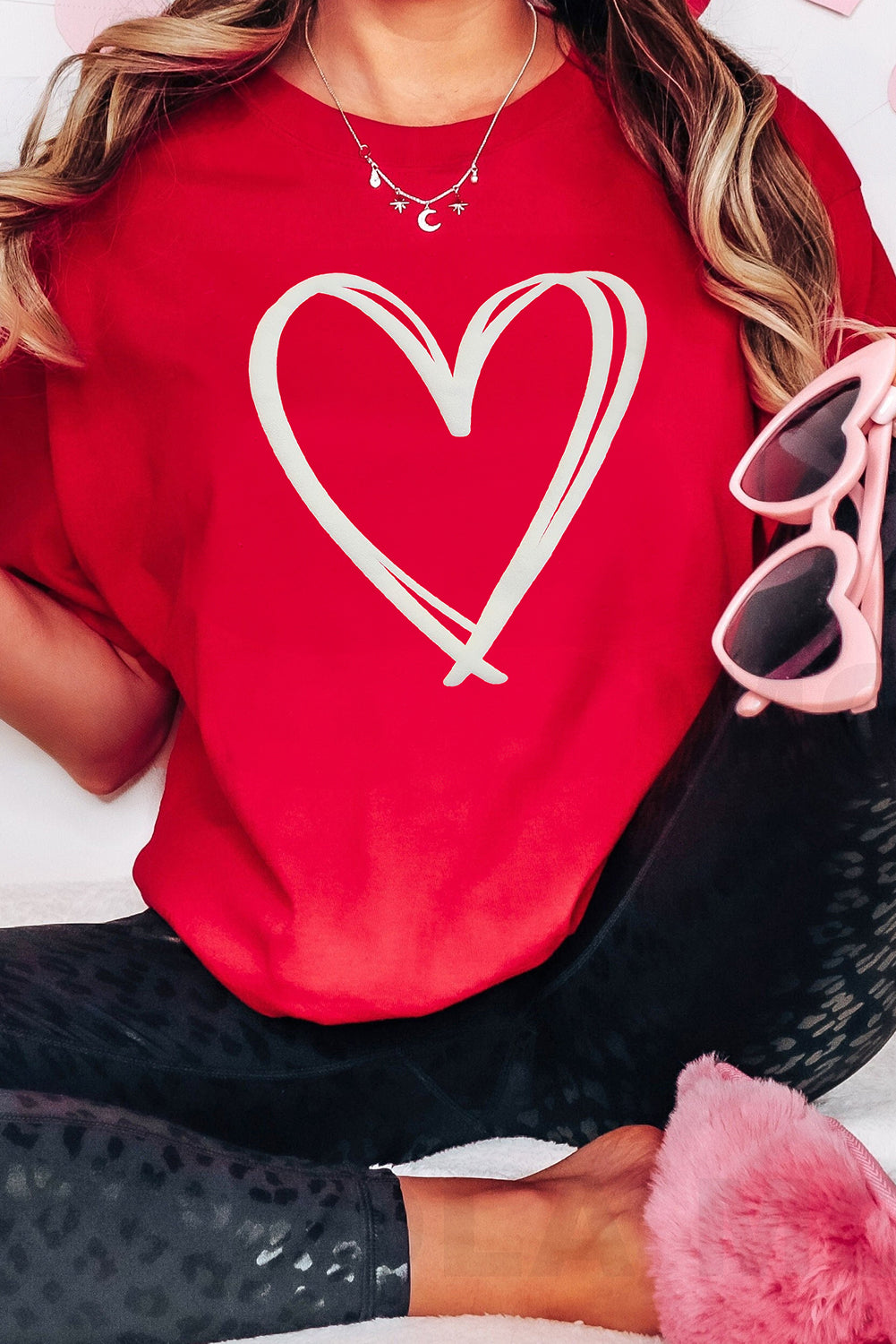 Red Double Heart Pattern Valentines Crewneck Tee