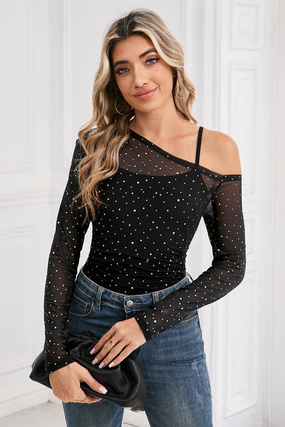 Black Asymmetric Neck Sequins Sheer Mesh Top