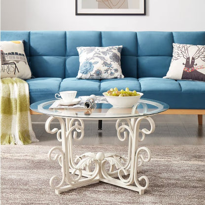 Round Tempered Glass Coffee Table,with Metal Leaf Shape Base,Leisure Cocktail Table With Tempered Glass Top For Living Room