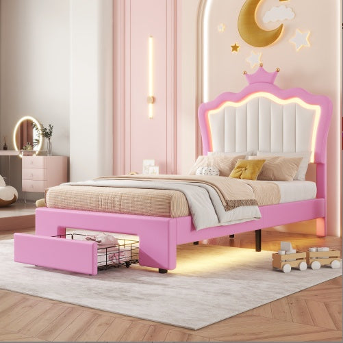 Twin Size Upholstered Bed Frame With LED Lights, Modern Upholstered Princess Bed With Crown Headboard, A Drawer