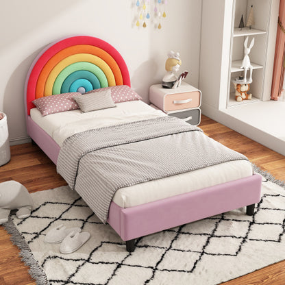 Rainbow Design Upholstered Twin Platform Bed Cute Style Princess Bed For Boys Girls, Teens