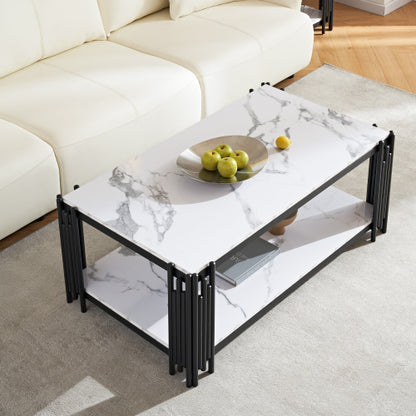 2-story Imitation Marble Patterned Coffee Table With Storage Rack