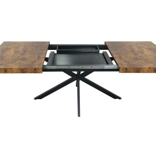 Retro Rectangular Stretch Dining Table, Antique Wood Top And Black Relief Plate, Black Fine Sand Cross Iron Foot Base Dining Table, With Storage Box