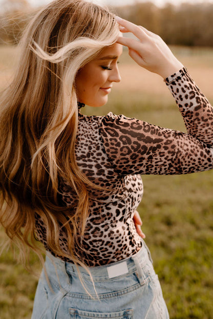 Brown Allover Leopard Print Smocked Neck Mesh Bodysuit