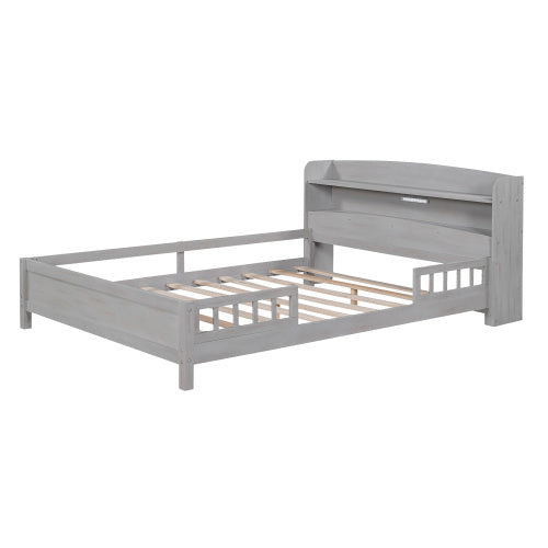 Wood Full Size Platform Bed With Built-in LED Light, Storage Headboard And Guardrail, Antique Grey