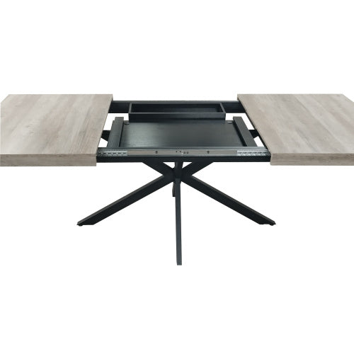 Retro Rectangular Stretch Dining Table, Grey Carole Top With Black Embossed Center Plate, Black Fine Sand Cross Iron Foot Base Dining Table, With Storage Box