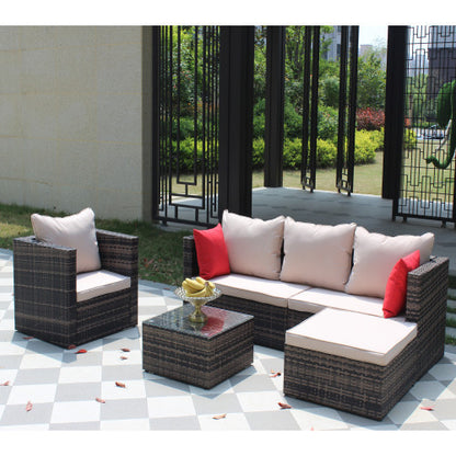 Rattan Patio Furniture Set Wicker Sofa Cushioned Sectional Furniture Set Garden Patio Sofa Set 4 Pieces, Brown