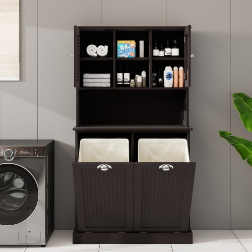 Two Compartment Inclined Dirty Laundry Basket High Bathroom Cabinet