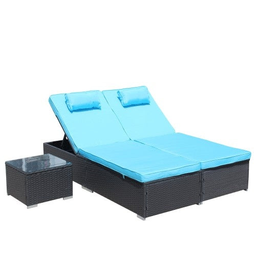 3-Piece Outdoor Patio Furniture Set Chaise Lounge, Patio Reclining Rattan Lounge Chair Chaise Couch Cushioned With Glass Coffee Table, Adjustable Back And Feet, Lounger Chair For Pool Garden, Blue