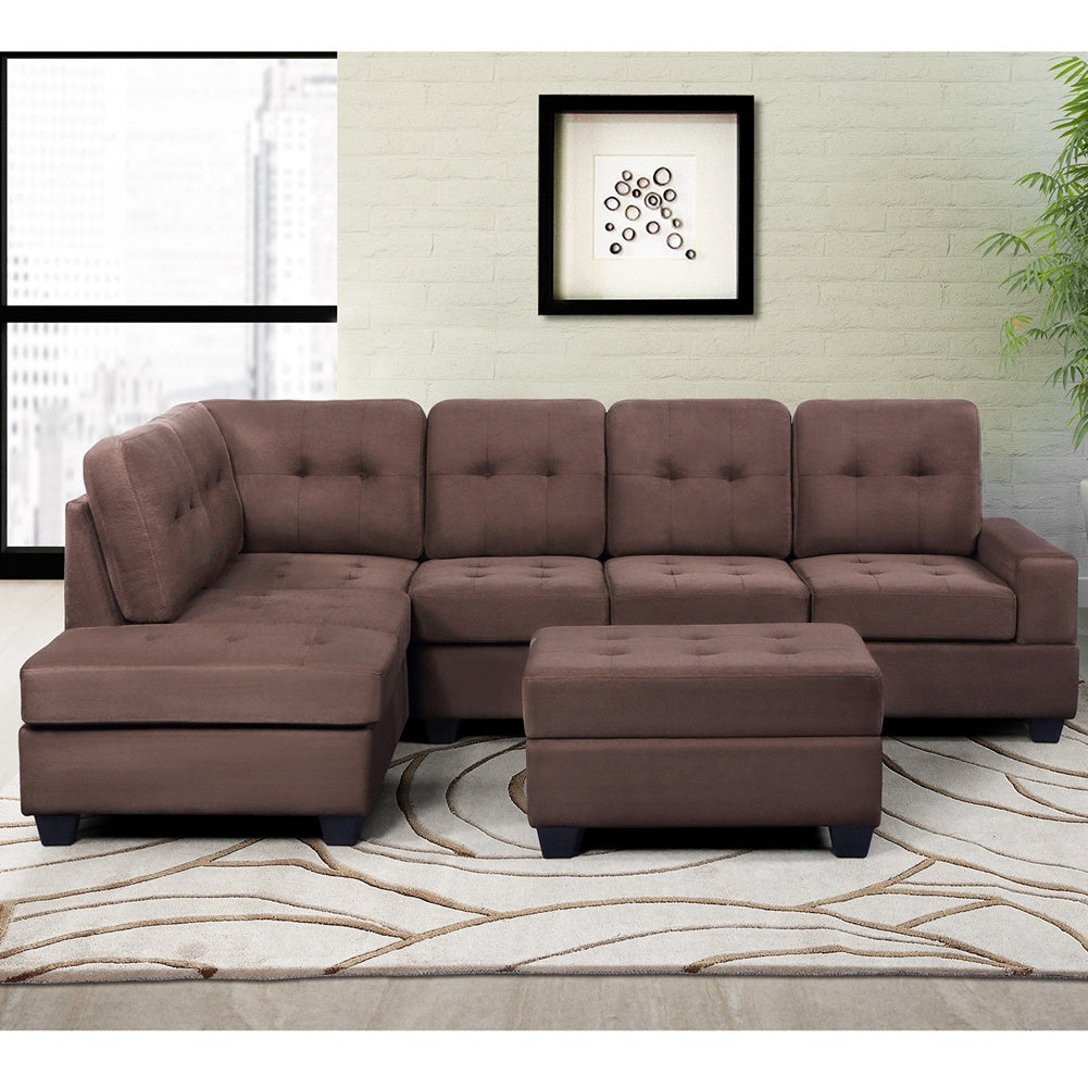 3 PCS Sectional Sofa Microfiber with Reversible Chaise Lounge Storage Ottoman and Cup Holders