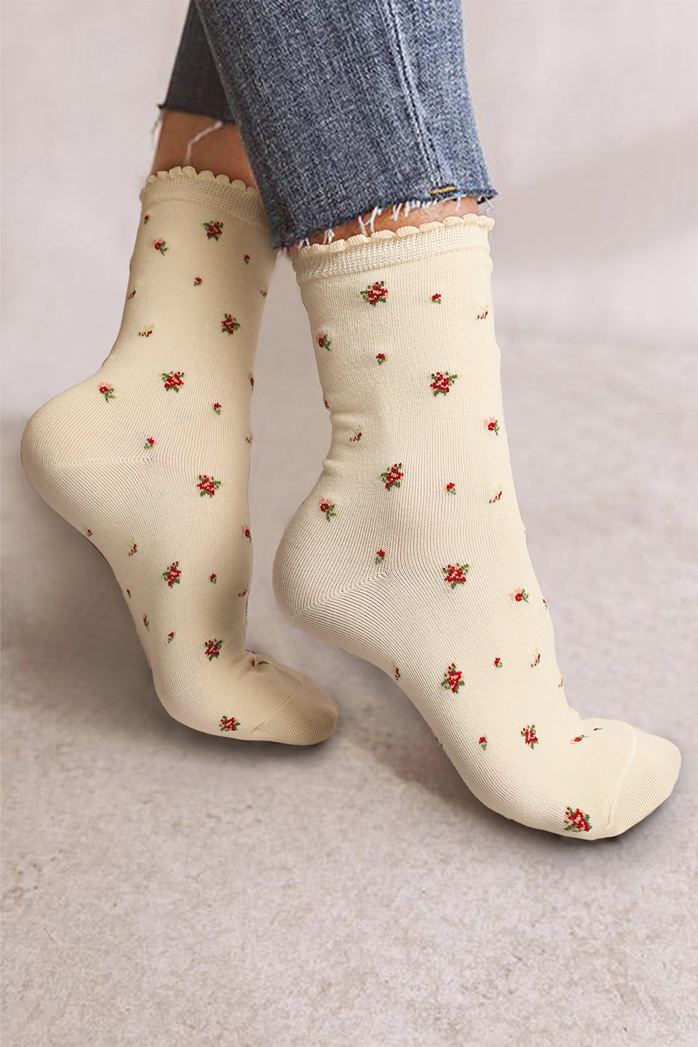 White Flower Cotton Crew Socks