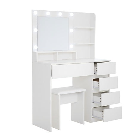 Vanity, Makeup Vanity Desk Set With Mirror & Light, Dressing Table Storage Lots With Power Strip, 3 Lighting Modes With Adjustable Brightness, 37 Inches White With Stool