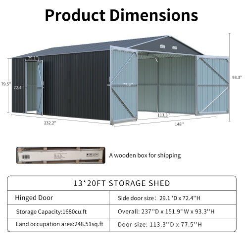 Spacious Outdoor Storage Shed This 13  20FT Outdoor Storage Shed Offers A Generous 250 Square Feet Of Floor Space, Perfect For Storing Trucks, Cars, Large Tools, And Lawn Equipment. With Double Front