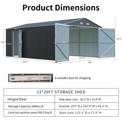 Spacious Outdoor Storage Shed This 13  20FT Outdoor Storage Shed Offers A Generous 250 Square Feet Of Floor Space, Perfect For Storing Trucks, Cars, Large Tools, And Lawn Equipment. With Double Front