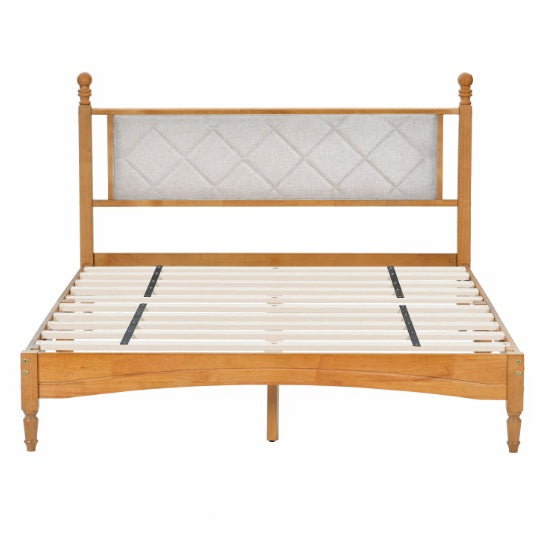 Wooden Bed Frame With Upholstered Headboard In Fabric, Solid Rubberwood With Wooden Central Support