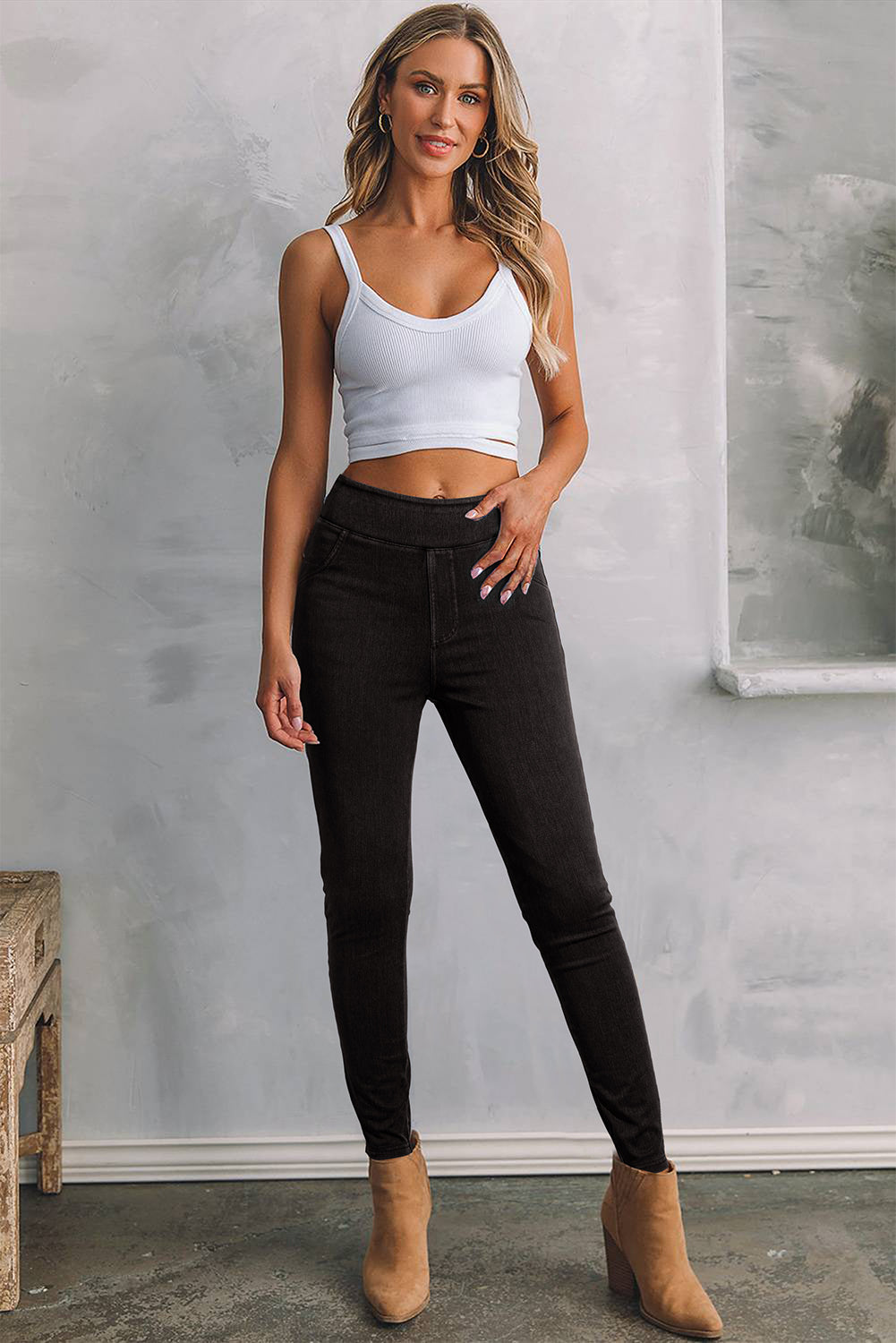 Black Back Pocket Stretchy Denim Casual Leggings