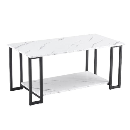 Coffee Table, 2 Layers 1.5cm Thick Marble MDF Rectangular Table Top Iron Coffee Table