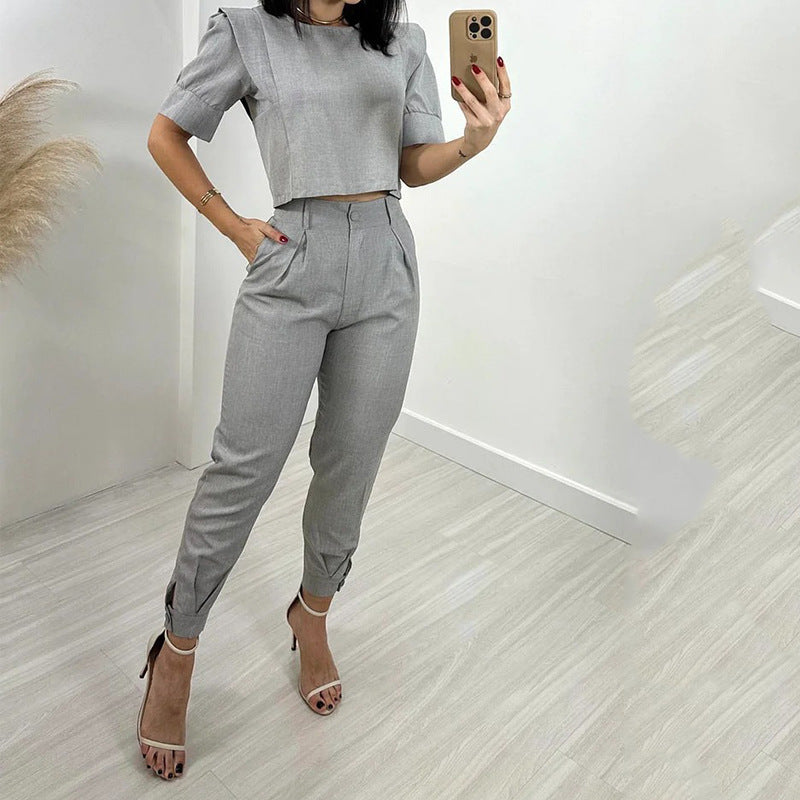 Short Sleeve Top And Trousers Casual Solid Color Two-piece Set