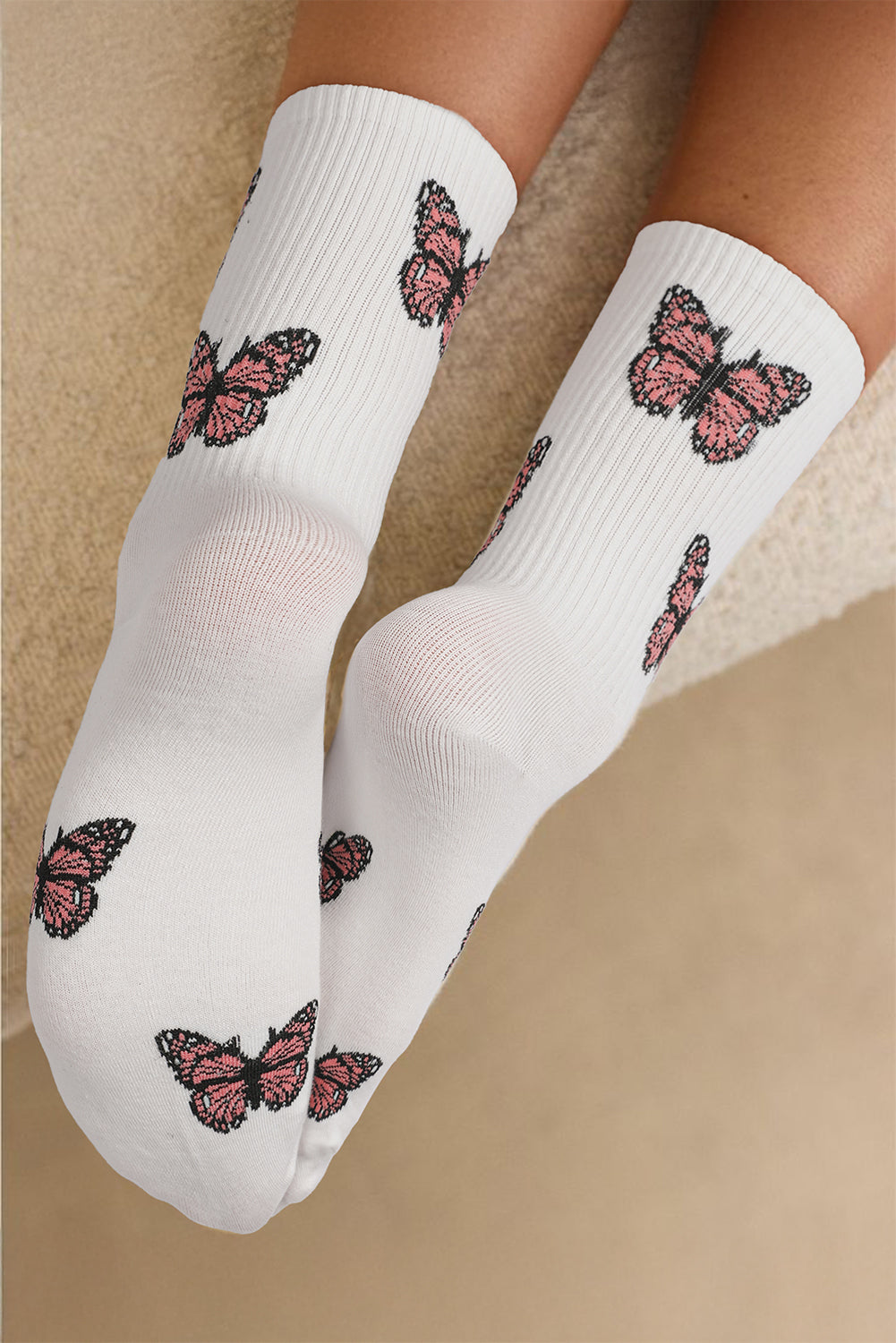 White Allover Butterfly Print Crew Socks