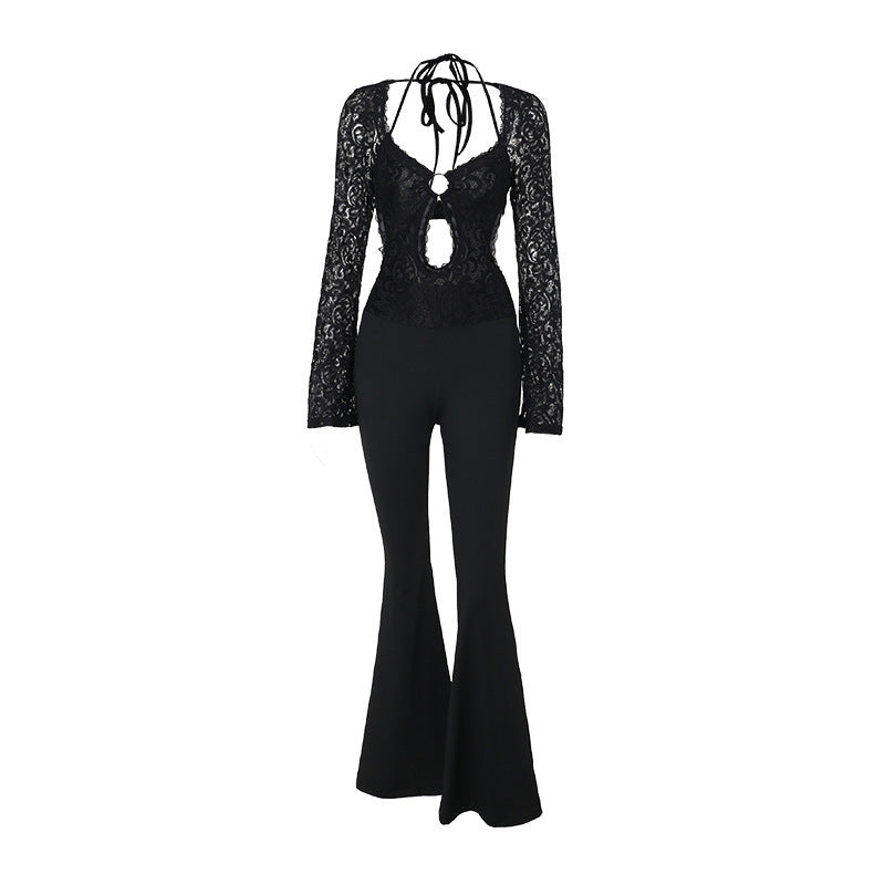 Slim-fit Long-sleeved Lace Backless Jumpsuit