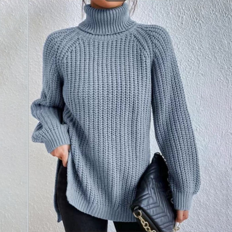 Turtleneck Pullover Sweater With Split Design Fashion Simple Solid Color Long Sleeve Tops Women's Clothing