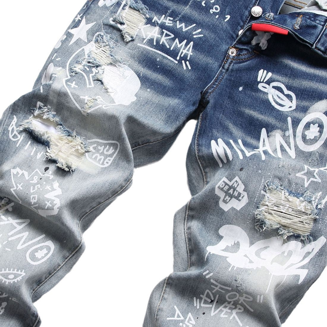 Cloth Liner Patch Random Line Embroidery Hole Digital Printing Stretch Small Straight-leg Jeans