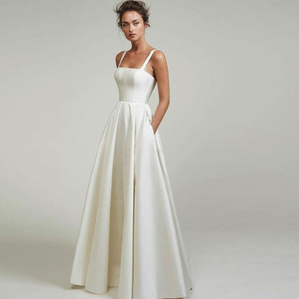 Strap Satin Light Wedding Dress Simple Trailing French Backless White Gauzy Dress