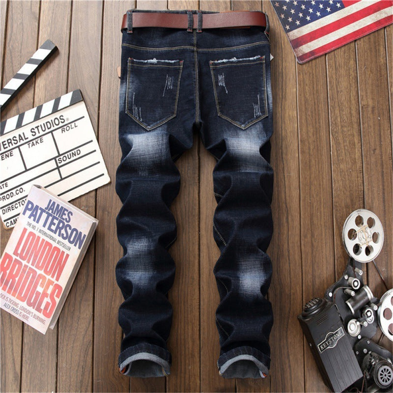 Blue With Holes Slim Fit Men's Jeans Straight Jeans