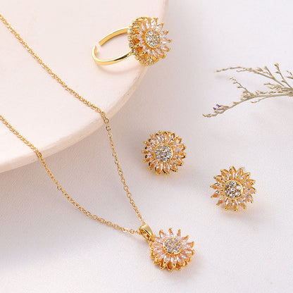 Classic Charm Sunflower Flower Stainless Steel Necklace Earrings Fashion Exquisite Micro Seed Jewelry Ring