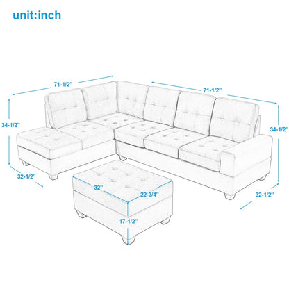 3 PCS Sectional Sofa Microfiber with Reversible Chaise Lounge Storage Ottoman and Cup Holders