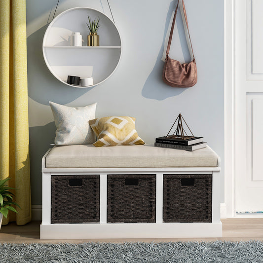 Rustic Storage Bench With 3 Detachable Classic Rattan Baskets