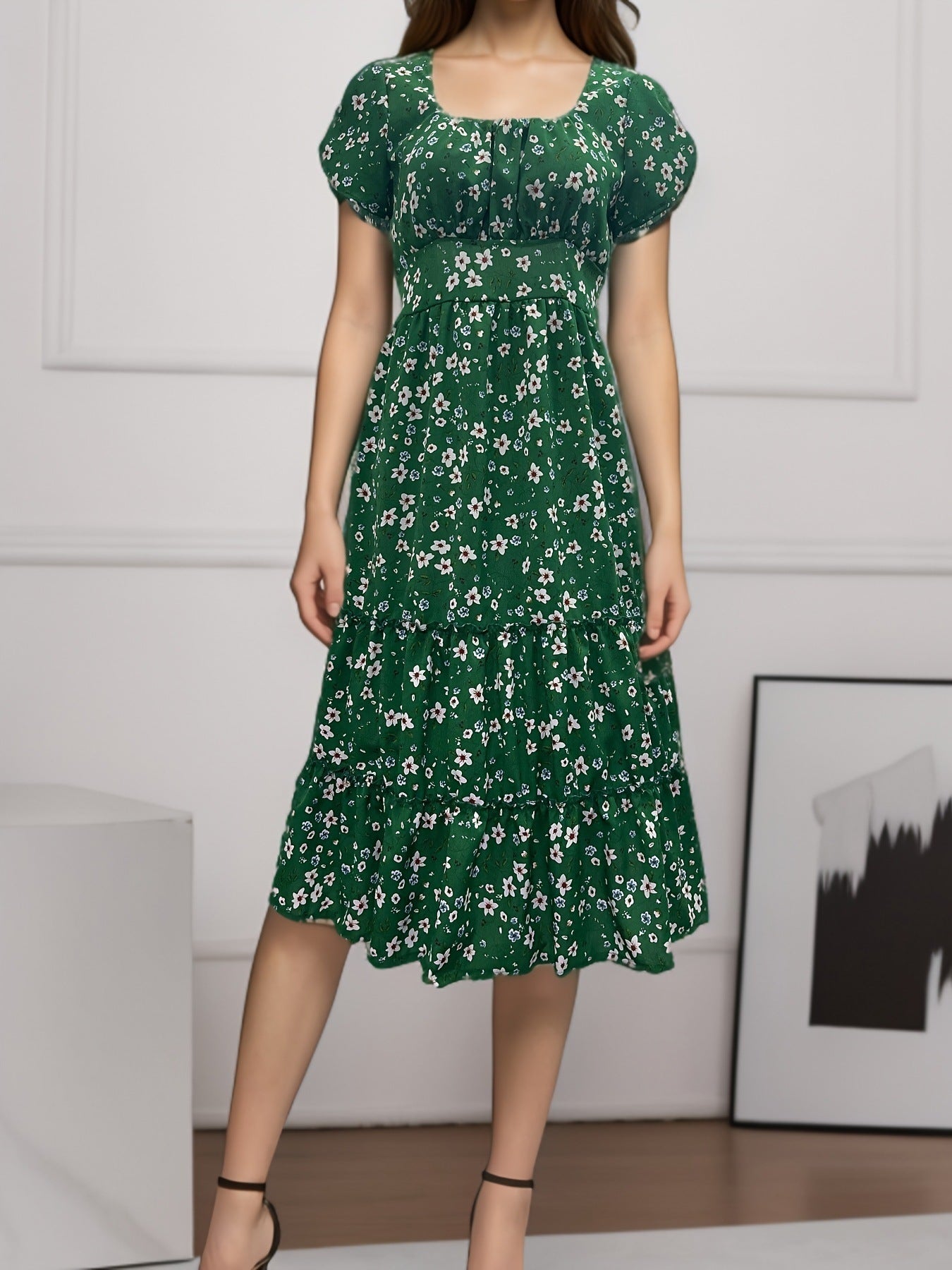 Square Collar Short Sleeve Dress Summer Puff Floral Printed Dress Long Dresses