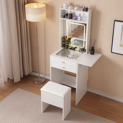 Vanity Desk With Lighted Mirror, Makeup Vanity Desk With Drawers And Storage Cabinet For Bedroom, Glass Desktop, 3 Lighting Modes Adjustable Brightness, Storage Stool, White