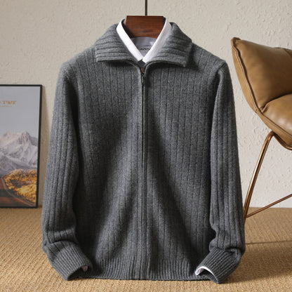 Pure Wool Sweater Men's Lapel Full Zipper