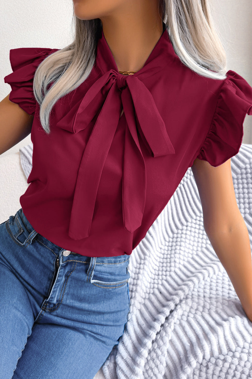 Burgundy Plain Bow Neck Ruffle Chiffon Blouse