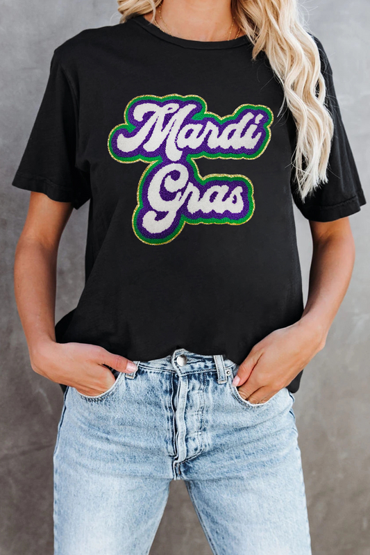 Black Mardi Gras Chenille Patched Graphic Tee