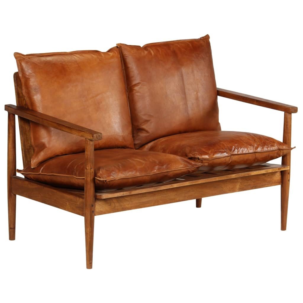 vidaXL 2-Seater Sofa Real Leather with Acacia Wood Brown