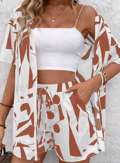 Women's Printed Open Front Shirt And Shorts Set