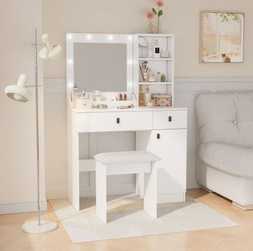 Vanity Desk With Lights, Vanity Set With Mirror, Makeup Vanity Desk With Large Drawers  Three Level Storage Dreeser, VanitysVanities With 3 Lights Brightness Adjustable For Bedroom, White