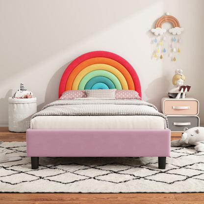 Rainbow Design Upholstered Twin Platform Bed Cute Style Princess Bed For Boys Girls, Teens