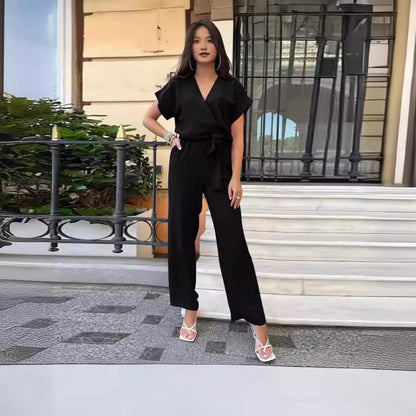 Women's Short-sleeved V-neck Pocket Jumpsuit