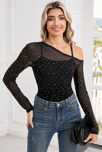 Black Asymmetric Neck Sequins Sheer Mesh Top