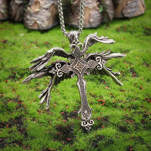 Vintage Silver Six Winged Angel Wings Cross Pendant Necklace