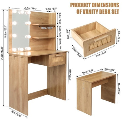 Vanity Desk Set Stool & Dressing Table With LED Lighting Mirror Drawer And Compartments Modern Wood Cosmetic Table Chest Of Drawers Nature Color