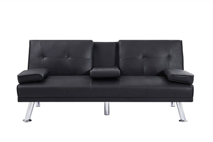 Black PU 66inch Sleeper Sofa,2-seat Sofa With Cup Holder, Folding Sofa Bed, Accompany Two Head Pillows