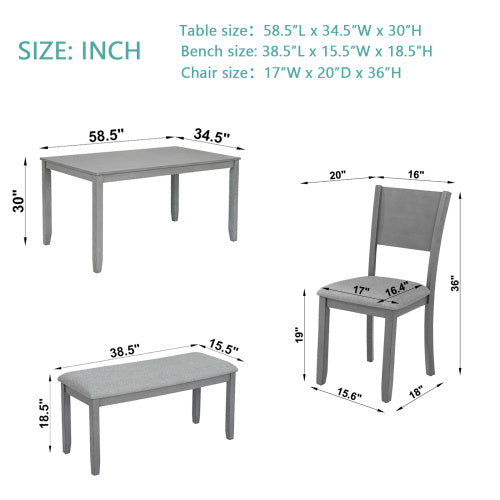 6 Piece Kitchen Dining Set, Rectangular Wooden Dining Table With 4 Upholstered Chairs And A Bench, Dining Table Set For 6 People, Living Room, Home Bar And Kitchen, Gray