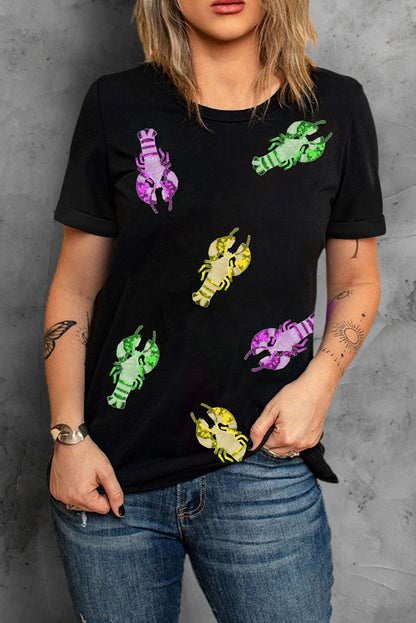 Black Sequin Crayfish Patched Graphic Mardi Gras Tee