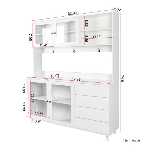 63 W Large Kitchen Hutch Cabinet, Freestanding Pantry Cabinets Storage Kitchen Cupboard With 4 Doors, 4 Drawers & Microwave Shelf, White