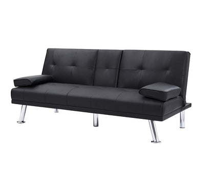 Black PU 66inch Sleeper Sofa,2-seat Sofa With Cup Holder, Folding Sofa Bed, Accompany Two Head Pillows