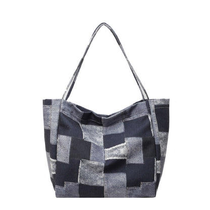 Women's Large Capacity Denim Color-contrast Check Idle Style Shoulder Commute Leisure Handbag Versatile Tote Bag